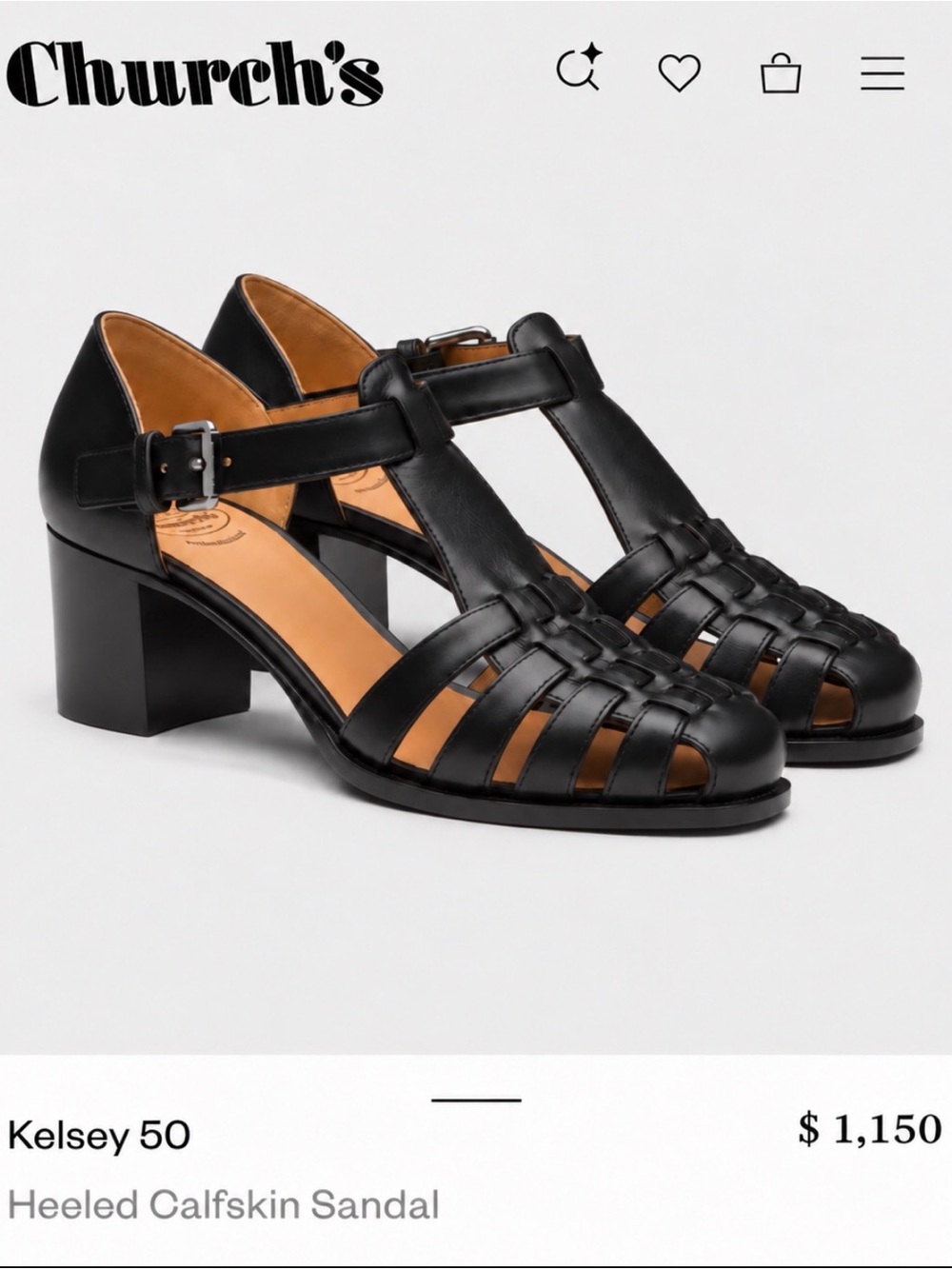 New Church’s Kelsey 50mm Black Leather Heeled Sandals Women’s Sz EU 42 US 11